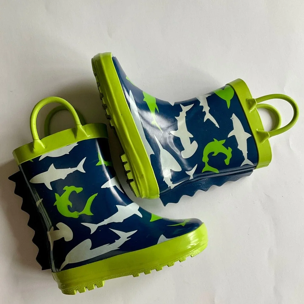 Kids Shark Print Rubber Rain Boots Blue Green 3D Fin Size 6 Waterproof Unisex